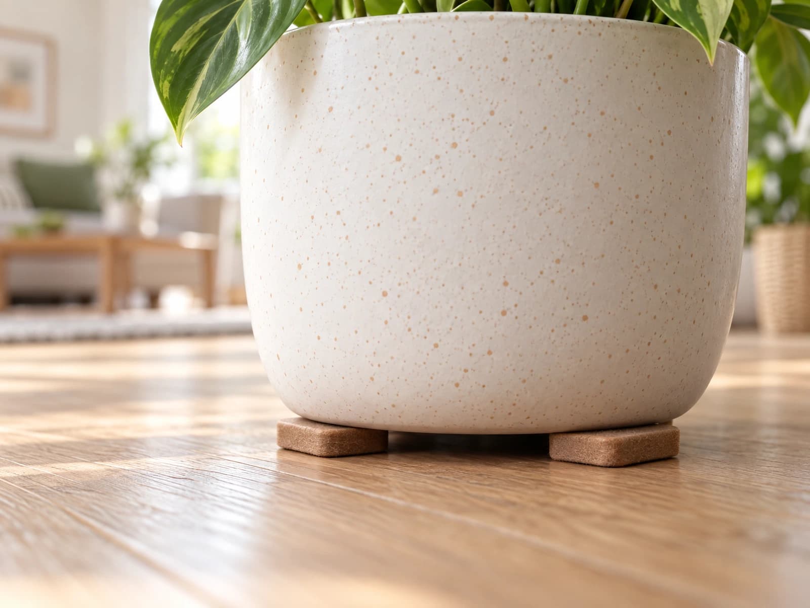 Witte plantenpot op lichte eiken vloer met discrete Flore Pads interieurpads