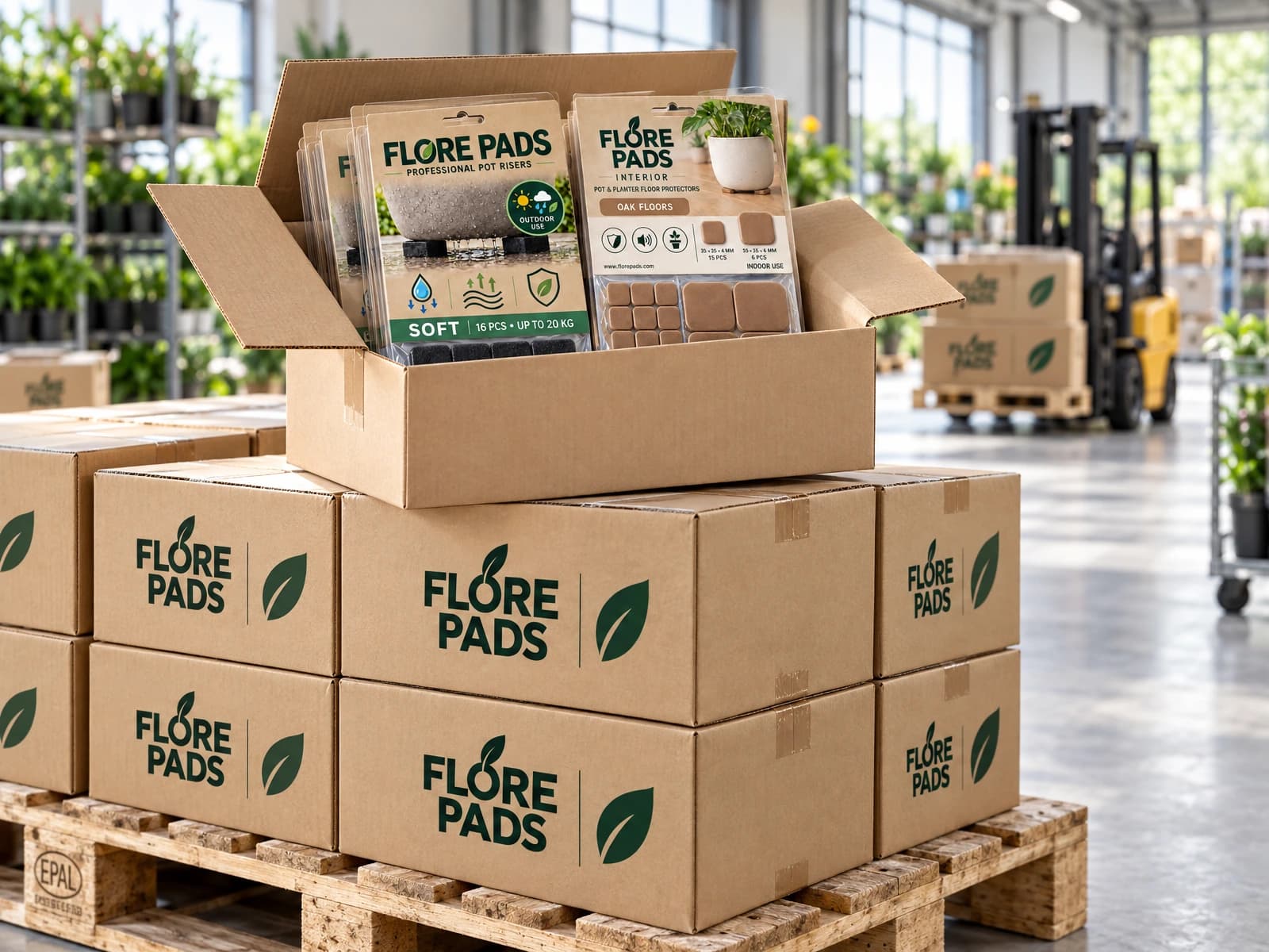 Magazijn van Flore Pads met een pallet dozen blisterverpakkingen