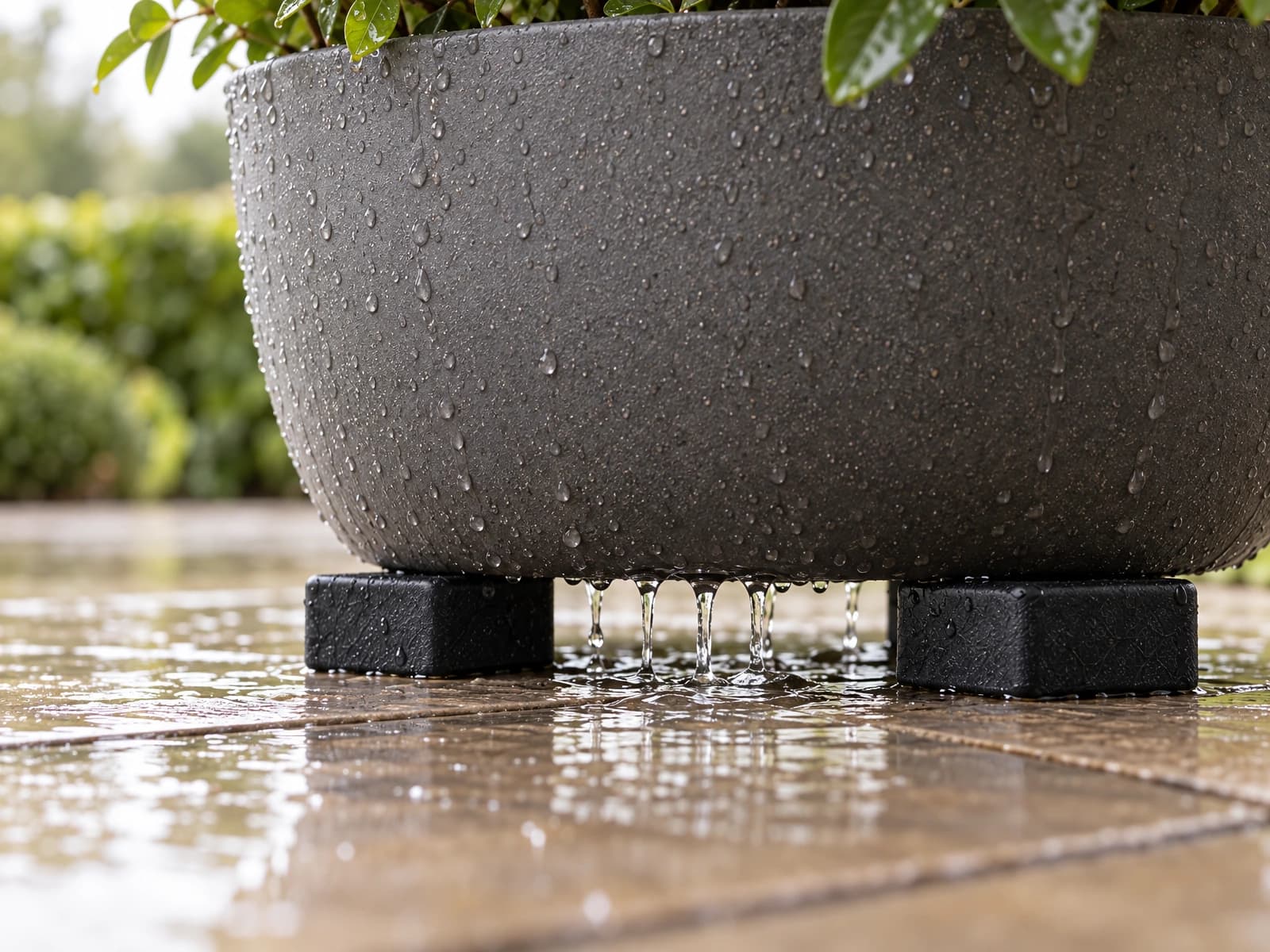 Water loopt vrij weg onder een plantenbak op Flore Pads potverhogers