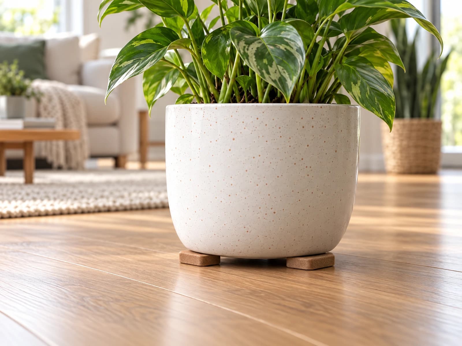 Plantenpot op Flore Pads interieurpads op een onbeschadigde eiken vloer