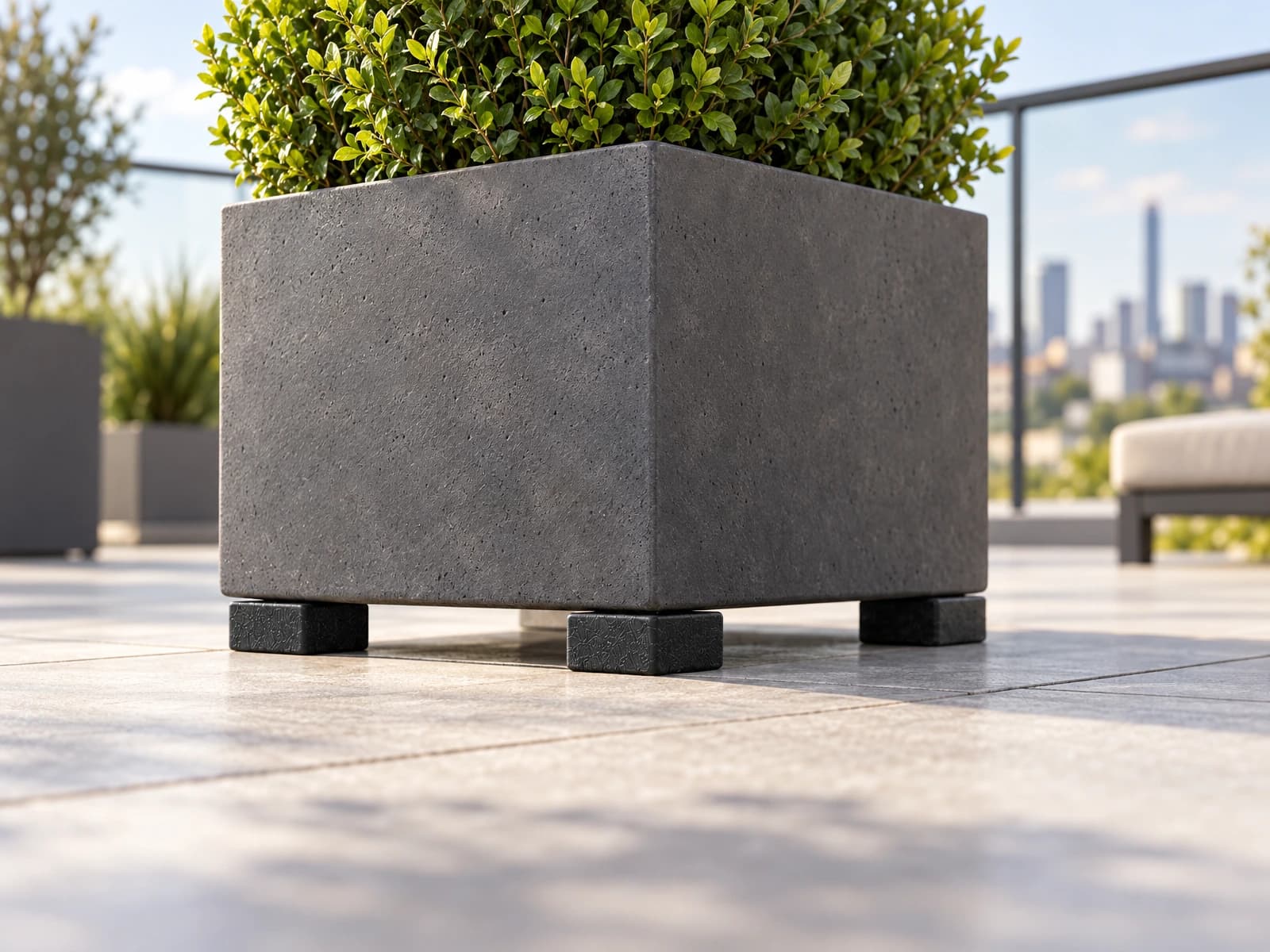 Jardinera pesada en una azotea, elevada sobre Flore Pads Hard