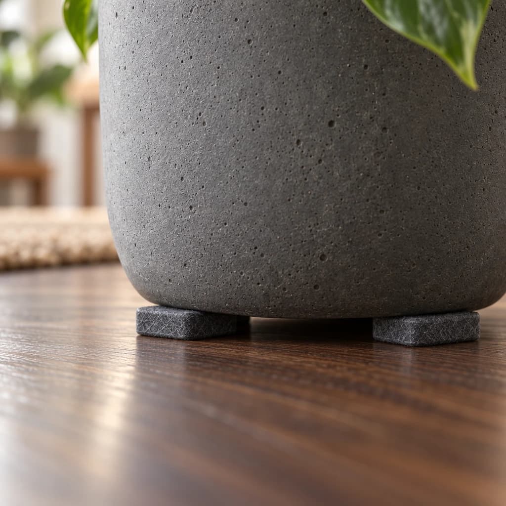 Grijze betonnen pot op een donkere houten vloer met donkergrijze Flore Pads