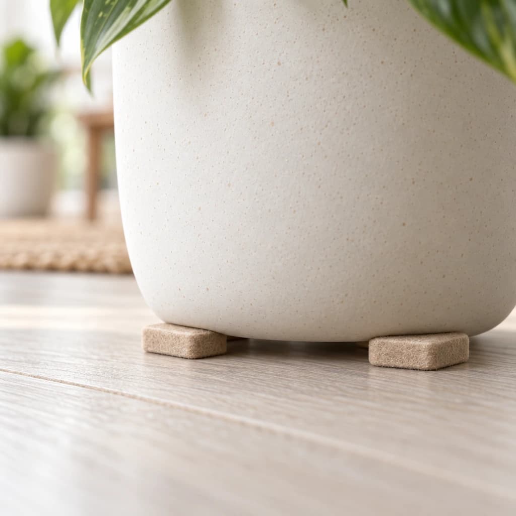 Witte pot op een lichte houten vloer met crèmekleurige Flore Pads