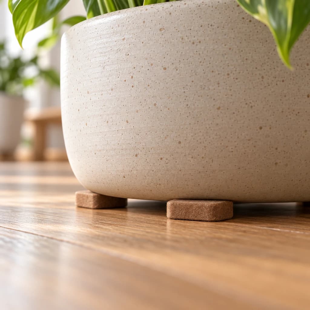 Zandkleurige pot op een eiken vloer met bruine Flore Pads