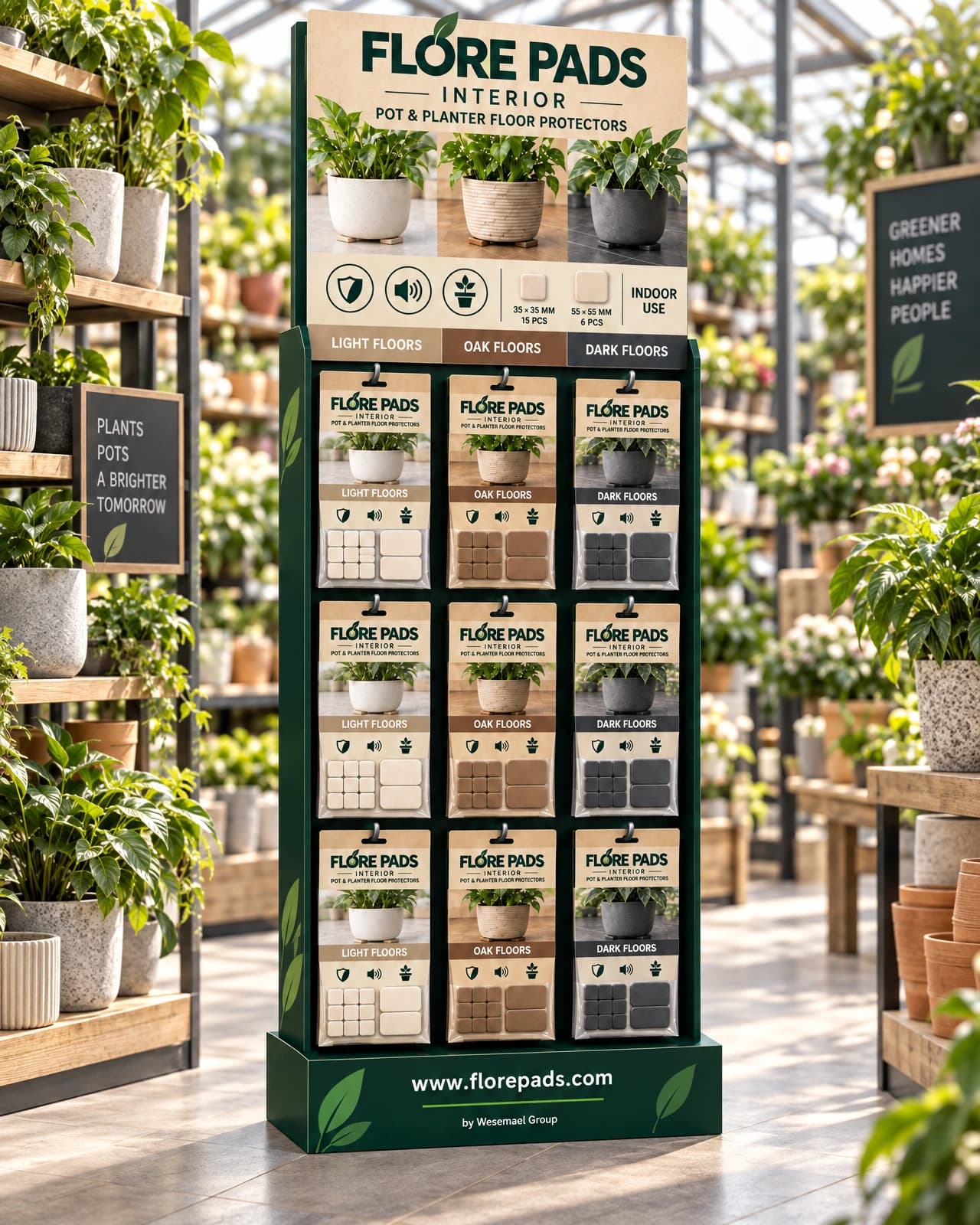 Flore Pads winkeldisplay met blisterverpakkingen in een tuincentrum